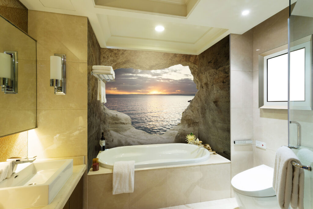 Tour de baignoire habillé de 3 panneaux muraux décor Equinoxe