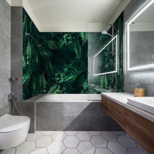 Invitez la nature chez vous avec le panneau mural ‘Frondaison’, parfait pour une salle de bain moderne et naturelle.