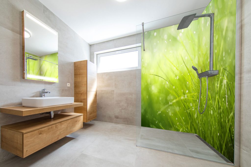 Panneau de douche alu composite décor herbe verte, sans joints