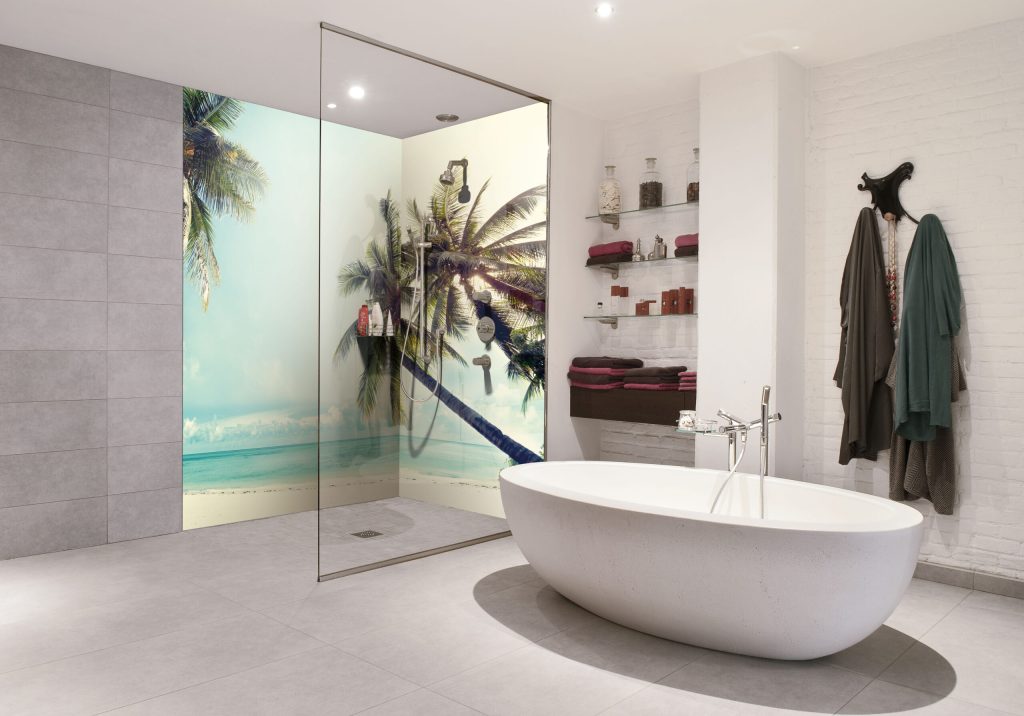 Panneau mural de douche imprimé décor plage tropicale, douche d'angle en 2 panneaux